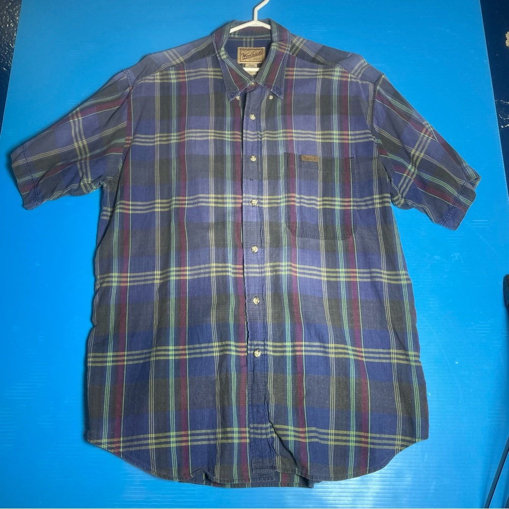 Woolrich Blue and Green Plaid Short-Sleeve Button-Down Shirt